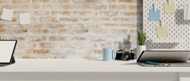 Fotokopi alanı, tuğla duvar ve ofis malzemeleri olan beyaz ahşap masa. 3D çizim. 