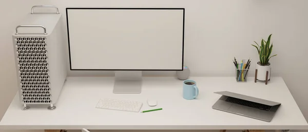 Modern All White Working Space Desktop Computer Mock Laptop Stationary — Stock Photo, Image