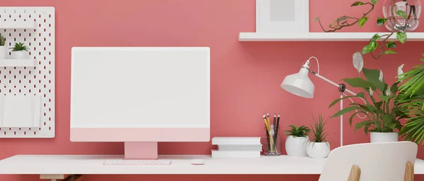 Lányos Munkaterület Design Rózsaszín Tapéta Pasztell Rózsaszín Asztali Számítógép Fehér — Stock Fotó