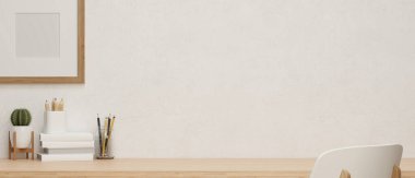 Ahşap tablo, kırtasiye ve dekorasyon, 3D görüntüleme, 3D illüstrasyon ile rahat ev içi çalışma alanı içerisindeki ürün görüntüleme için poster maketi ve kopyalama alanı