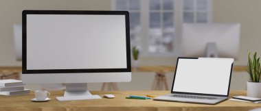 Çalışma alanı modelleme konsepti, boş bilgisayar monitörü ve laptop ekranı ahşap masa üzerinde ofis malzemeleri ve arka planda bulanık iç dekorasyonlar, 3 boyutlu görüntüleme, 3 boyutlu illüstrasyon