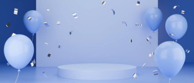 Mavi balonlar ve mavi arkaplan ile süslenmiş kutlama, doğum günü veya parti konsepti için mavi podyum, 3D görüntüleme, 3D illüstrasyon