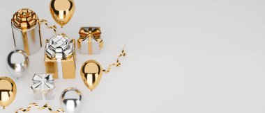 Yeni yıl lüks konsept afişi, süslemeli altın hediye kutuları ve beyaz arka plandaki metin reklamları için kopyalama alanı, 3D görüntüleme, 3D illüstrasyon