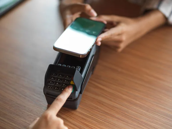 Top View Using Payment Terminal Smartphone Code Scanning Wooden Desk — Stock Photo, Image