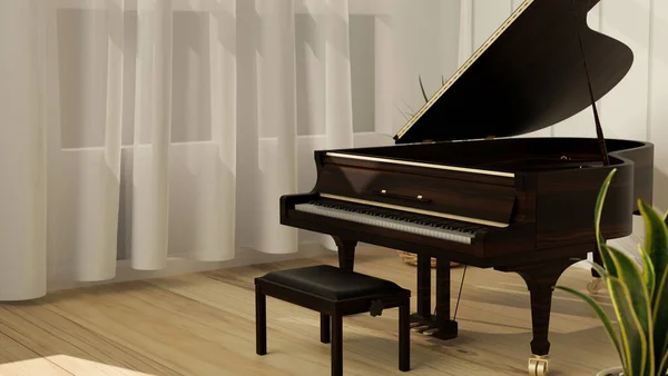 Grand piano in modern living room with light oak floor, curtain and plant, musical instrument, 3d rendering, 3d illustration