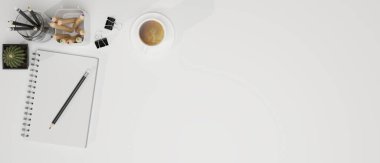 Ürün sergisi, kitaplar, kahve fincanı, kırtasiye ve kaktüs için çalışma alanı beyaz masa, 3D görüntüleme, 3D illüstrasyon