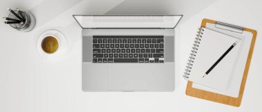 Boş ekranlı taşınabilir dizüstü bilgisayarın üst görünümü, kahve fincanı, pano ve ürün görüntüleme alanı beyaz modern tablo, 3D görüntüleme, 3D illüstrasyon