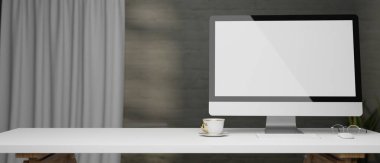 Bilgisayar monitörü boş ekranda ürün gösterimi için beyaz masa üzerinde kopya alanı ve gri duvar içinde modern oda tasarımı, 3D görüntüleme, 3D illüstrasyon