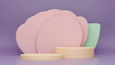 Çevrimiçi posterler renkli geometrik şekiller ve markalarınız için 2 katman podyum, online kampanya afişi, doğum günü kartı, 3D çizim, 3D illüstrasyon