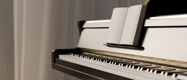 Vista Lateral Del Piano Clásico Con Libro Musical Piano Blanco —  Fotos de Stock