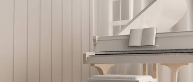 Beyaz kuyruklu piyano, beyaz dekorlu piyano odası, minimalist, müzik aleti, piyanolu oturma odası, 3D çizim, 3D resim.