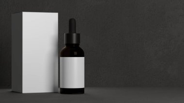Erkekler reklam konsepti, damlatan deri şişesi, gri arka planda kahverengi cam şişe, erkekler için kozmetik, beyaz etiket şablonu, serum, yüz, vücut, 3D görüntüleme, 3D illüstrasyon