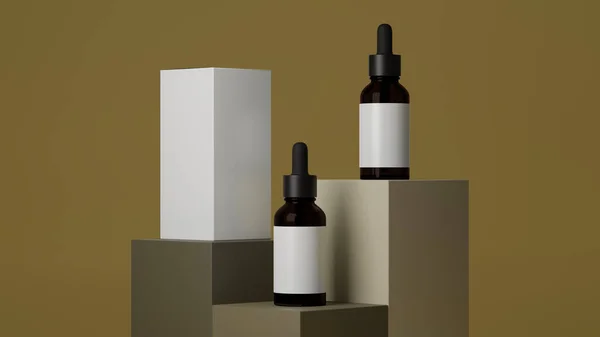 Cilt rengi poster şablonu, beyaz etiketli kahverengi cam damlalar ve kutu paketi dünya tonu kaidesi, kozmetik, güzellik ürünü zeytin yeşili arka plan, 3D görüntüleme, 3D illüstrasyon