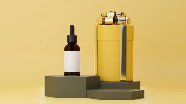 Cilt bakımı posterleri pastel sarı arka planda hediye kutusu ve kahverengi cam şişeyle birlikte kaidesel, kozmetik, tedavi web reklamı, 3D çizim, 3D resimleme