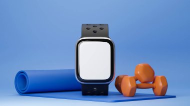 Vücut ağırlığı aleti konsepti, boş ekran maketi, dambıllar, mavi arka planda yoga minderi, fitness, spor salonu, 3D görüntüleme, 3D resim.