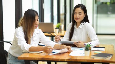 Birlikte çalışma alanında finans ödevi yapan iki genç üniversite öğrencisi. Öğretmenlik, koçluk, tartışma, birlikte öğrenme.