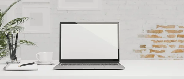 Spazio Lavoro Bianco Moderno Tablet Intelligente Con Tastiera Cancelleria Tavolo — Foto Stock
