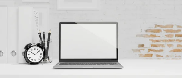 Estilo Espaço Trabalho Mínimo Com Tela Branco Para Laptop Genérico — Fotografia de Stock