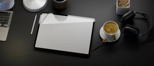 Top view, Creative black workspace, tablet mockup, coffee, laptop, headphone, stationery, black table background, 3d rendering, 3d illustration
