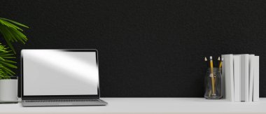 Ürün gösterimi için kopyalama alanı olan beyaz bilgisayar masası, boş ekran dizüstü bilgisayar, siyah beton duvarlı aksesuarlar, 3D görüntüleme, 3D resim