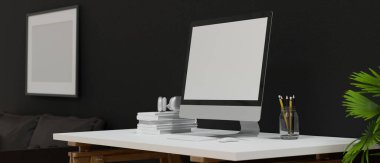 Yan görünüş, modern oturma odasındaki çalışma alanı, çalışma masasındaki bilgisayar, dekorasyon, koyu gri kanepe, iç mekan bitkileri, çerçeve modeli, 3D çizim, 3D resimleme