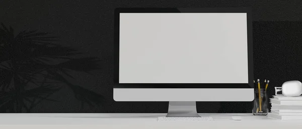 Monitor Leeren Bildschirm Desktop Computer Modernen Arbeitsbereich Innenraum Schwarze Wand — Stockfoto