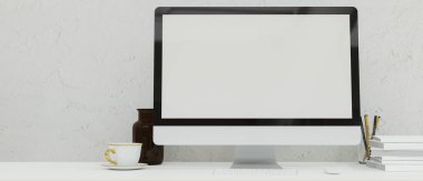 Çalışma masası üzerinde duran Mockup pc masaüstü ekranı, beyaz dekor, beyaz duvar, 3d görüntüleme, 3d illüstrasyon