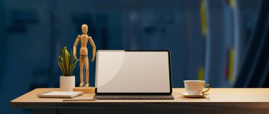 Tablet maketi boş ekran, modern dekor ve kopya alanı, arka planda bulanık mavi oda, 3D görüntüleme, 3D illüstrasyon