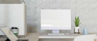 Bilgisayarlı ofis masası boş monitör, kapalı mekan bitkisi, bardak, tablet. modern ofis tarzı iç mimari, 3D görüntüleme, 3D resimleme