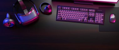 Yenilikçi oyun masası, neon klavyeli bilgisayar oyunu, joystick 'li sanal gerçeklik kulaklığı, metin için kopya alanı, karanlık oyun çalışma alanı, 3D görüntüleme, 3D illüstrasyon