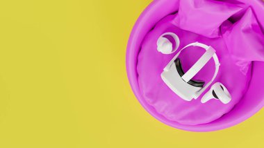 Top view, yaratıcı oyun konsepti, pembe deri koltukta joystickli sanal gerçeklik kulaklığı ve sarı arka planda kopya alanı, 3D çizim, 3D illüstrasyon