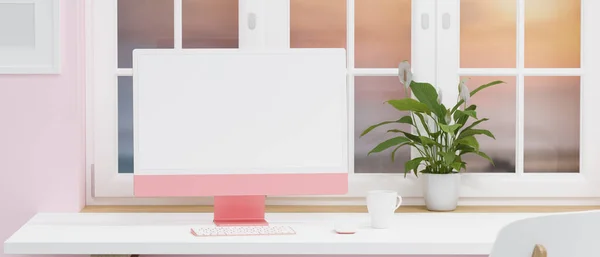 Sala Lavoro Tono Rosa Spazio Lavoro Ragazza Con Mockup Computer — Foto Stock