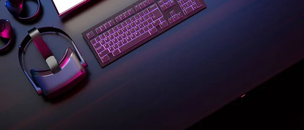 Cropped Shot Gamer Workspace Concept Neon Keyboard Computer Gaming Glasses — Stock Photo, Image