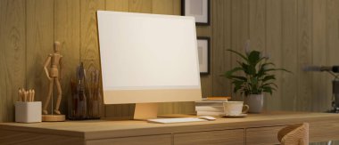 Modern rustik ahşap iç mekanda ev çalışma alanı, figürlü bilgisayar boş ekran modeli, boyama araçları, ahşap masa üzerindeki dekor, sıcak ışık altında çerçeve poster modeli, üç boyutlu tasarım, üç boyutlu illüstrasyon