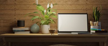 Modern rustik ahşap ahşap ofis odası dizüstü bilgisayarlı maket, seramik vazoda bitkiler, kahve, ahşap masa üzerindeki kitaplar, sıcak ışık altında, 3D görüntüleme, 3D resimleme