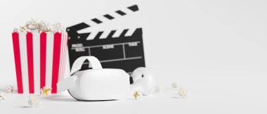 Eğlence aleti konsepti, joystickli sanal gerçeklik kulaklığı, çizgili patlamış mısır kutusu, film klapası tahtası, beyaz arkaplanda metin için alan, 3D yorumlama, 3D illüstrasyon