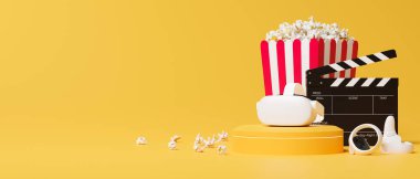 Tiyatro afişi, sanal gerçeklik gözlükleri, joystick, film alkışı, patlamış mısır kutusu, sarı arka planda mesaj reklamı için boş alan, 3D yorumlama, 3D illüstrasyon