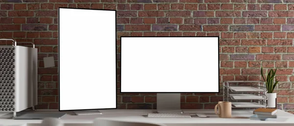 Moderner Zeitgenössischer Arbeitsbereich Mit Zwei Computermonitoren Leeren Bildschirm Attrappen Mit — Stockfoto