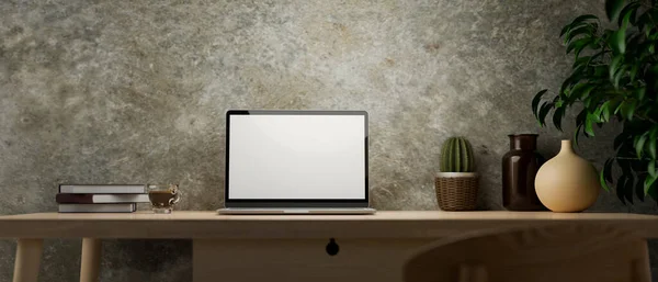 Interior Dinding Loteng Berkarat Ruang Kerja Vintage Modern Mockup Laptop — Stok Foto