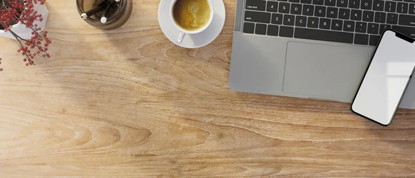 Cropped Shot Top View Wood Working Desk Laptop Smartphone Mockup — Stock Photo, Image