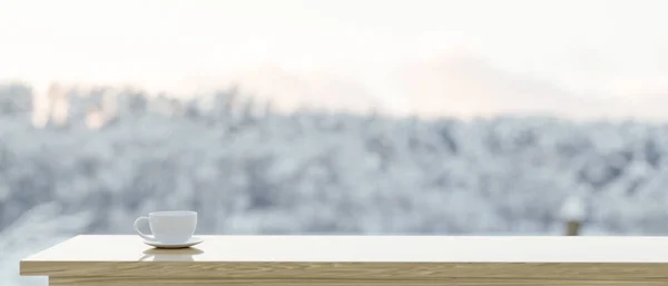 Kahve Fincanı Bulanık Arkaplan Ile Ahşap Masa Üstünde Ürün Gösterimi — Stok fotoğraf