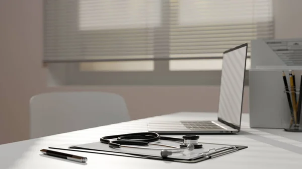 Seitenansicht Moderner Arztsprechraum Der Klinik Arztpraxis Mit Laptop Attrappe Medizinischem — Stockfoto