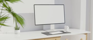 Yakın plan, bilgisayar masası ve bilgisayar monitörlü modern iç tasarım, 3D çizim, 3D illüstrasyon gibi boş ekran modeliyle modern işyeri