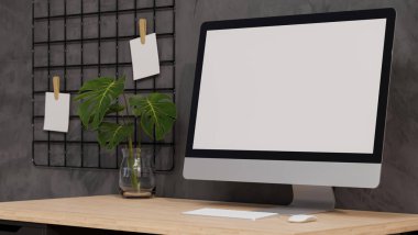 Kapat, Masaüstü boş ekran maketi ahşap masa üzerinde vazoda canavar yaprağı, modern tavan arası tarzında gri duvarda ızgara not panosu, 3D görüntüleme, 3D illüstrasyon