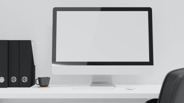 Kapat, boş ekran bilgisayarı olan bilgisayar masası, ofis dosyaları, sehpada kahve fincanı, siyah-beyaz iç mekan tarzı, 3D görüntüleme, 3D illüstrasyon