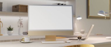 Kapat, modern iş yeri şık ev iç mimarisi masaüstü boş ekran maketi ve masasında bulanık dekoratif ev, 3 boyutlu görüntüleme, 3 boyutlu resim