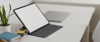 Yakın çekim, modern minimalist çalışma alanı taşınabilir tablet, sihirli klavye ve dekor ışıklı ahşap masa, 3D görüntüleme, 3D illüstrasyon