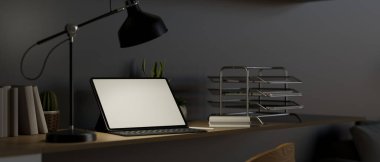 Modern karanlık çalışma alanı dijital tablet modellemesi, modern ofis malzemeleri dekorasyonu, koyu gri arka plan, 3D çizim, 3D resim