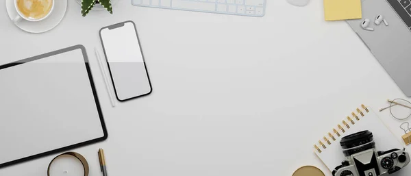 Mockup Space White Background Surrounded Tablet Smartphone Laptop Keyboard Camera — Stock Photo, Image