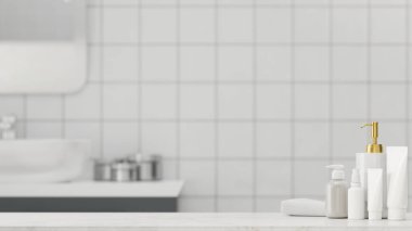 Markalarınızı, banyo aksesuarlarınızı, beyaz modern banyoda cilt tüplerinizi, 3D görüntüleme, 3D resimleme için sahte yeriniz olan mermer tezgah masası.